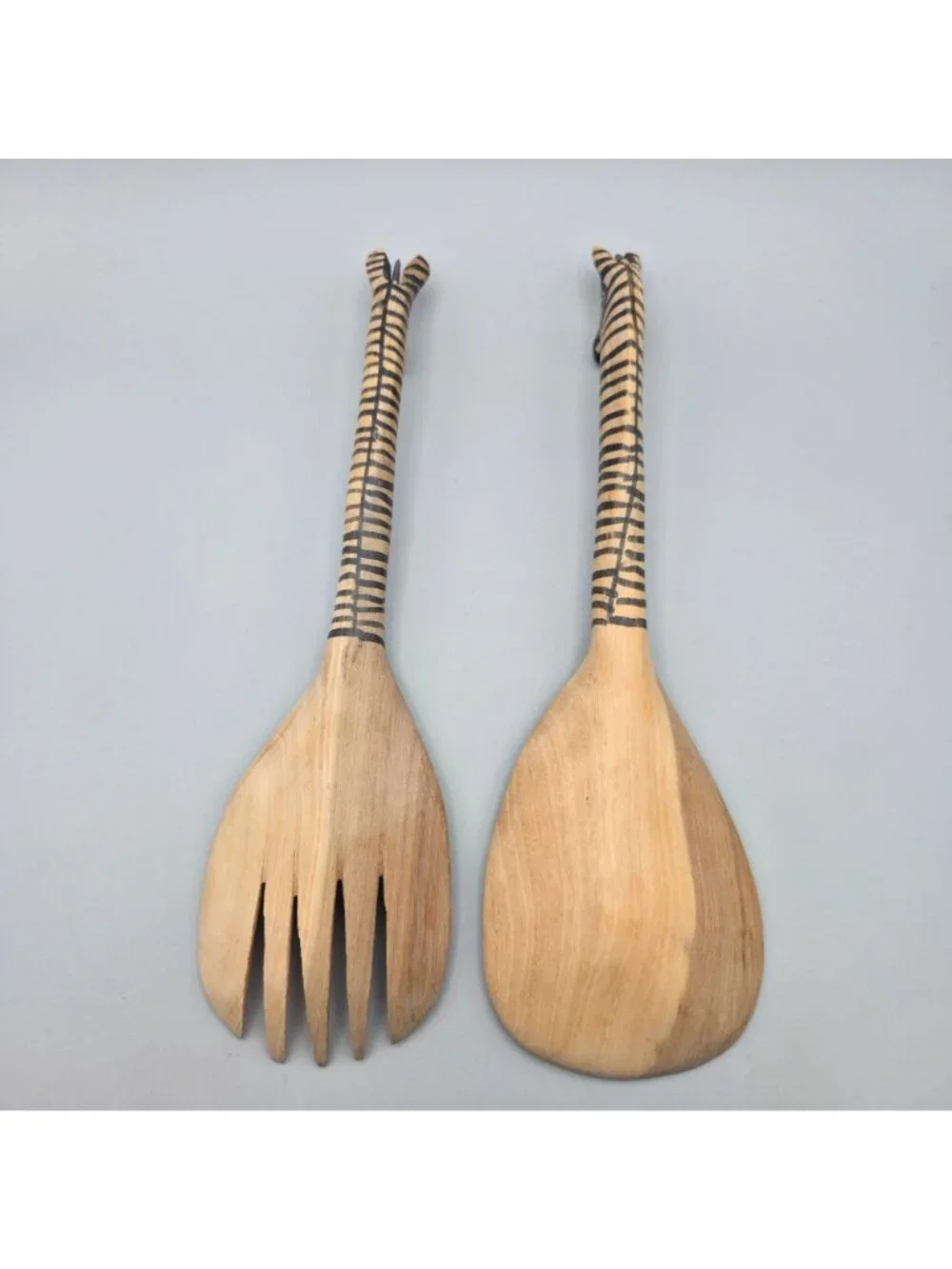 Vintage Hand Carved Zebra Wooden Salad Serving Set Spoon Fork 12